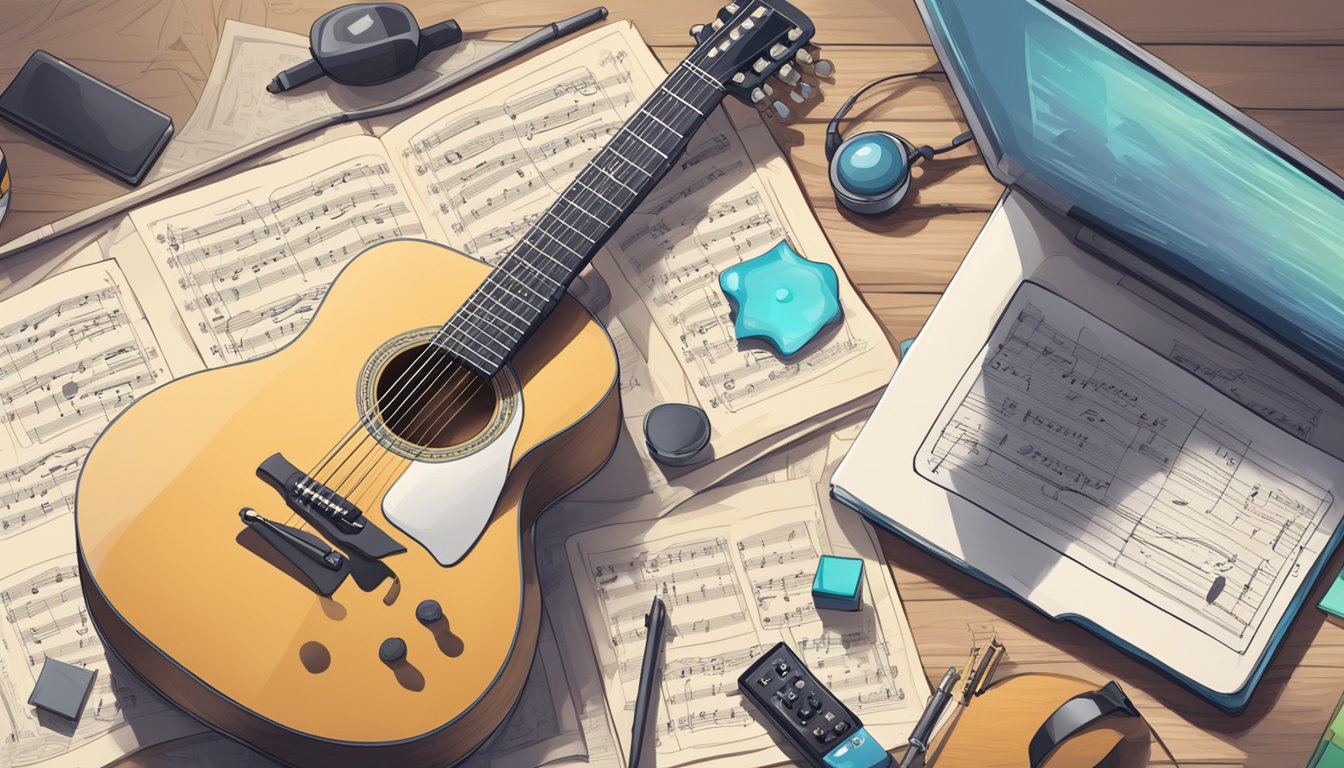 A guitar resting on a stand with a tuner nearby, surrounded by scattered music sheets and a laptop displaying tuning tutorials