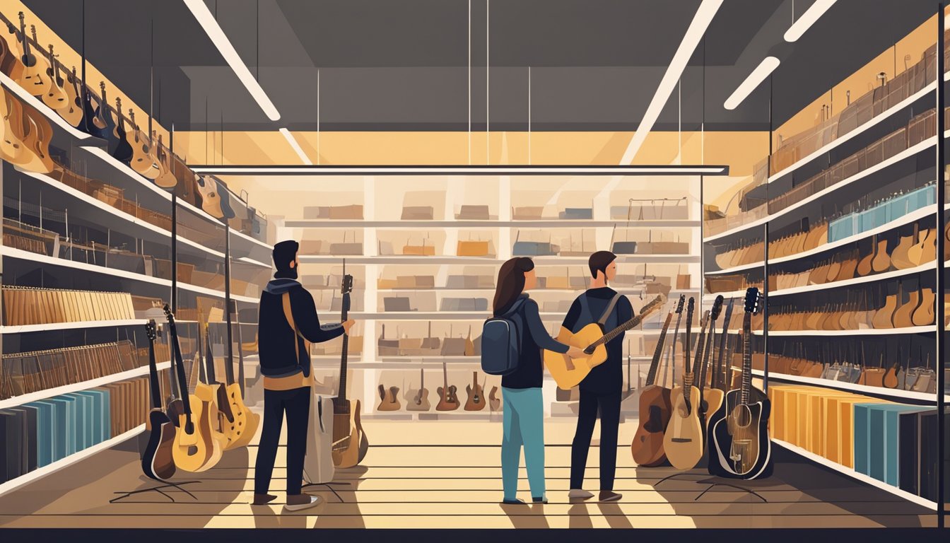 A music store shelves filled with various guitar strings and accessories.</p><p>Customers browsing and trying out different options