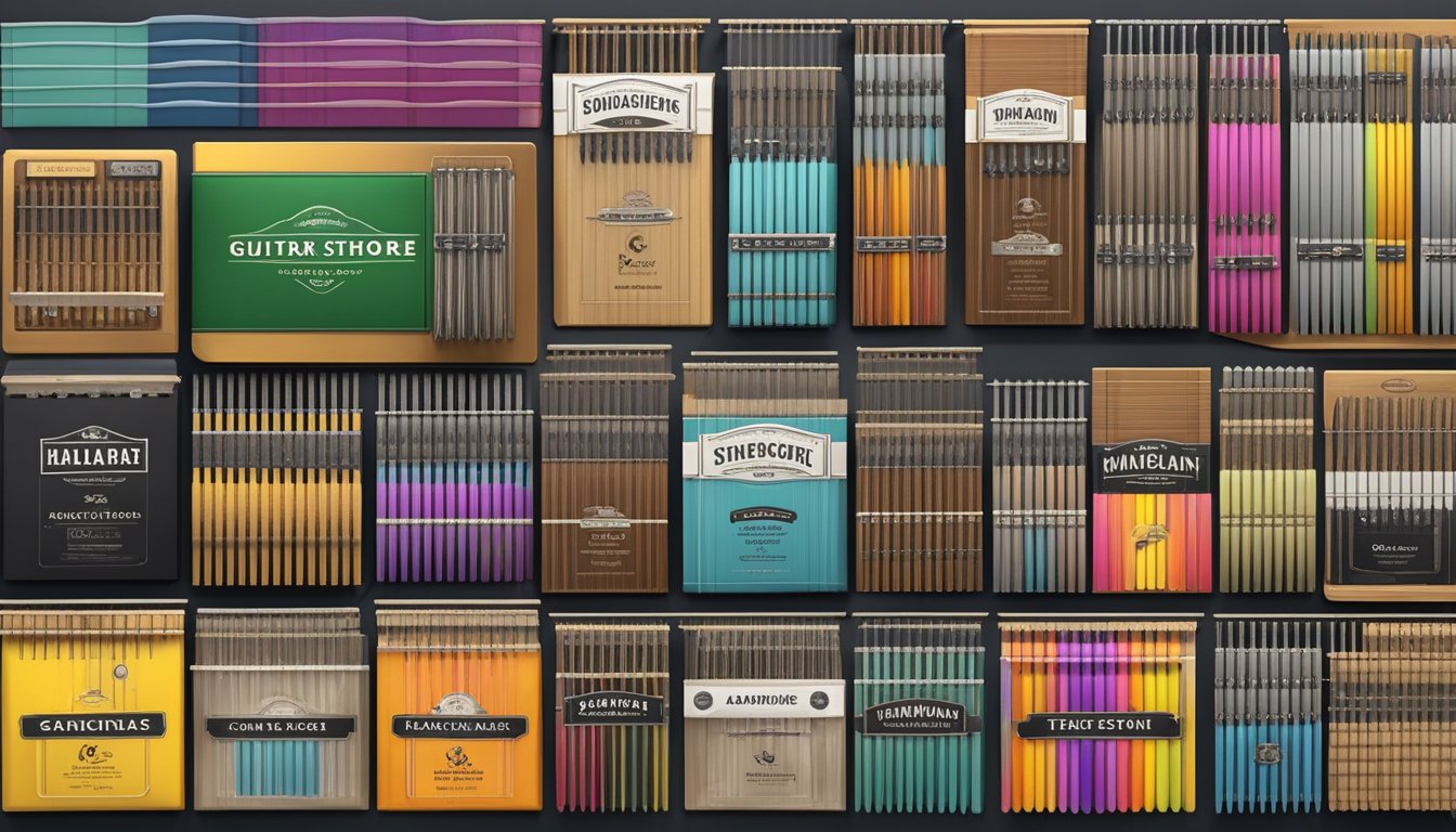 A music store display of various guitar strings, neatly organized by type and brand, with colorful packaging and clear labeling