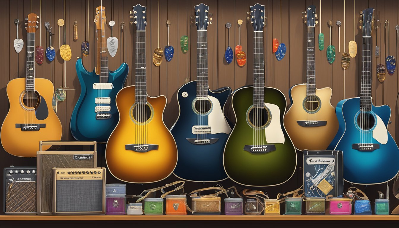 A music store display of various guitar strings, picks, and other accessories