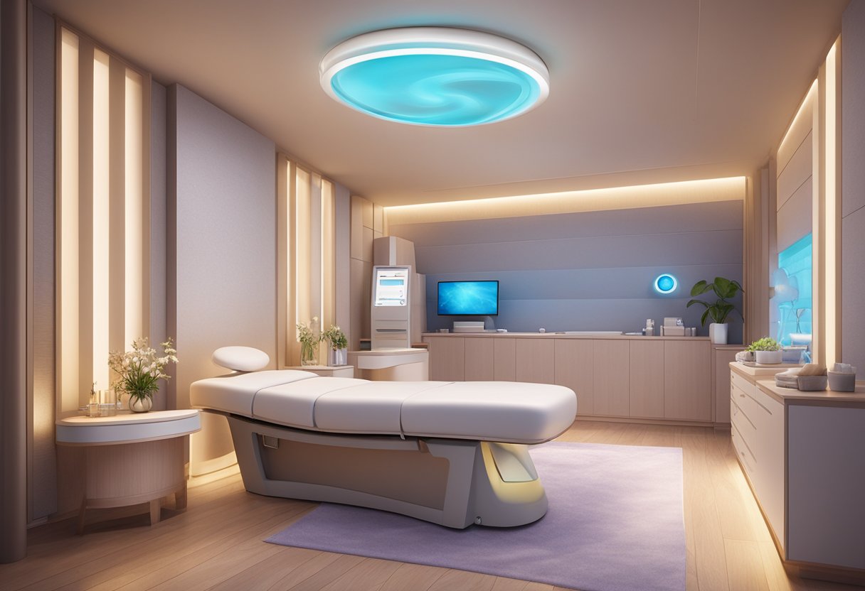 A serene spa room with soft lighting, a comfortable treatment bed, and a Morpheus8 device emitting gentle radiofrequency waves for non-surgical skin tightening