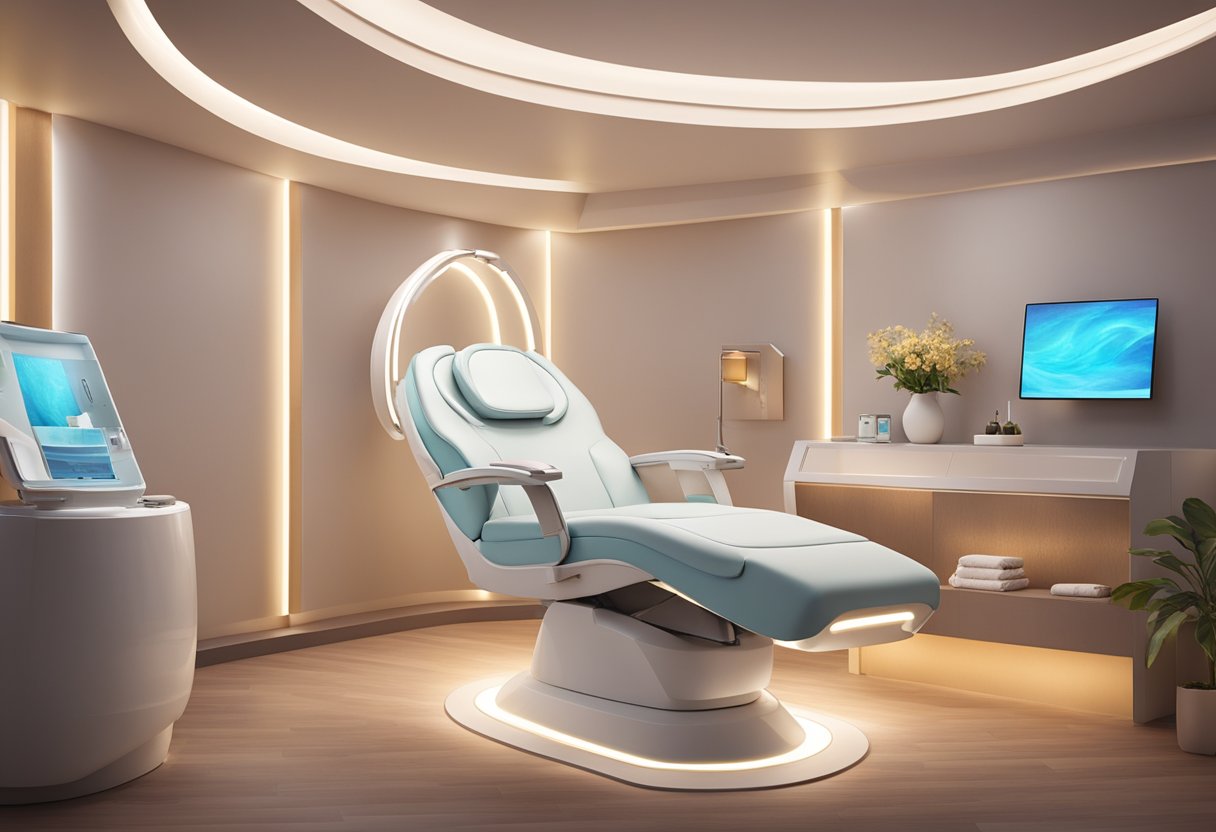 A serene spa room with a reclined treatment chair, soft lighting, and a Morpheus8 device emitting radiofrequency energy for non-surgical skin tightening