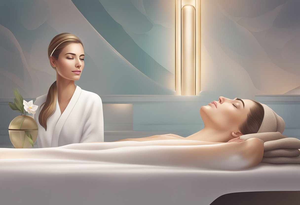 A serene spa setting with a Morpheus8 device emitting gentle radiofrequency waves onto a rejuvenated skin surface