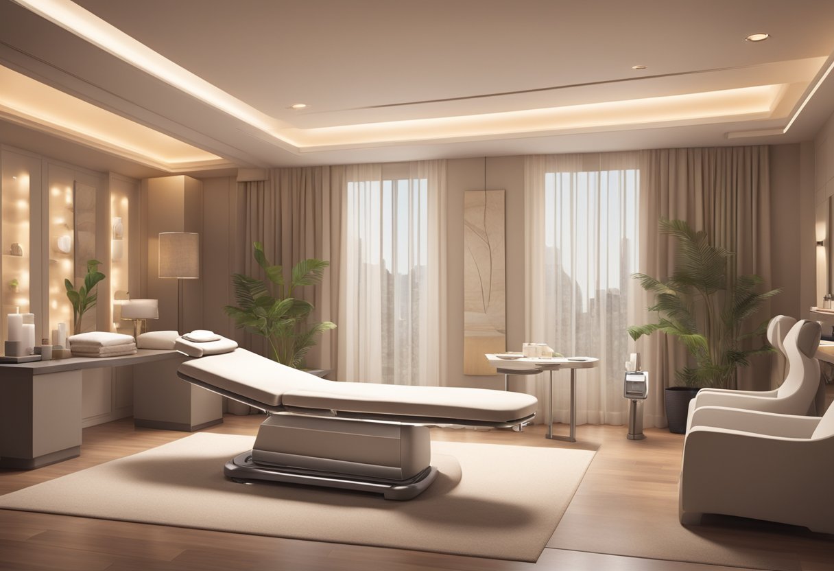 A serene and modern spa setting with soft lighting and a comfortable treatment chair surrounded by advanced skin tightening equipment and technology