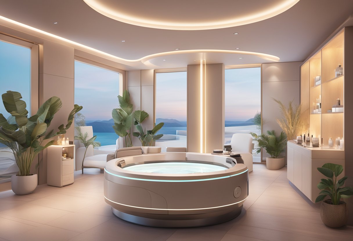 A serene spa room with a Morpheus8 machine emitting gentle radiofrequency energy, surrounded by luxurious skincare products and soft ambient lighting