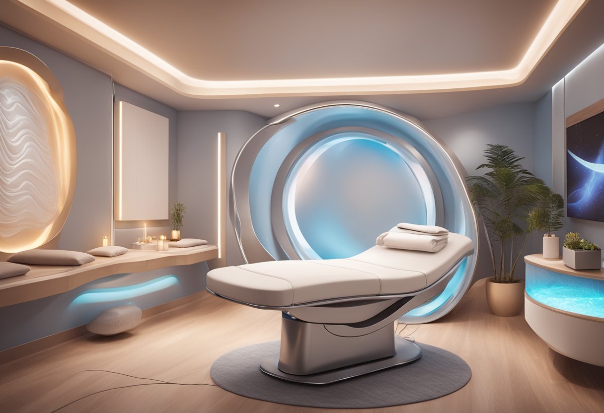 A serene spa room with soft lighting, a comfortable treatment bed, and a futuristic Morpheus8 device emitting gentle radiofrequency waves for skin tightening