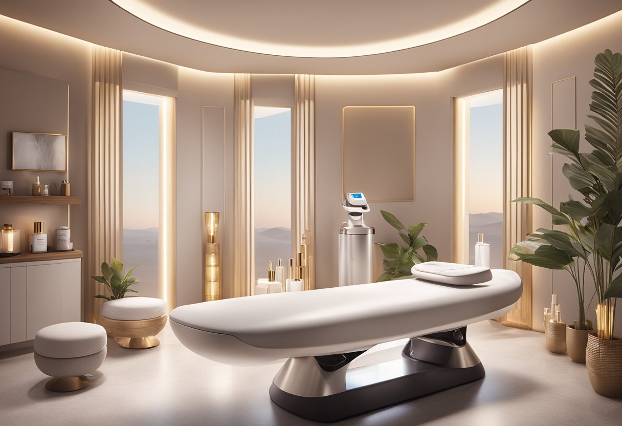 A serene spa setting with a Morpheus8 device emitting radiofrequency energy onto the skin, surrounded by luxurious skincare products and soothing ambiance