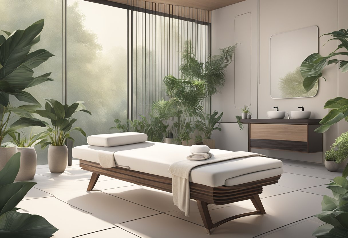 A serene spa setting with a Morpheus8 device on a clean, uncluttered table surrounded by soft lighting and botanical accents