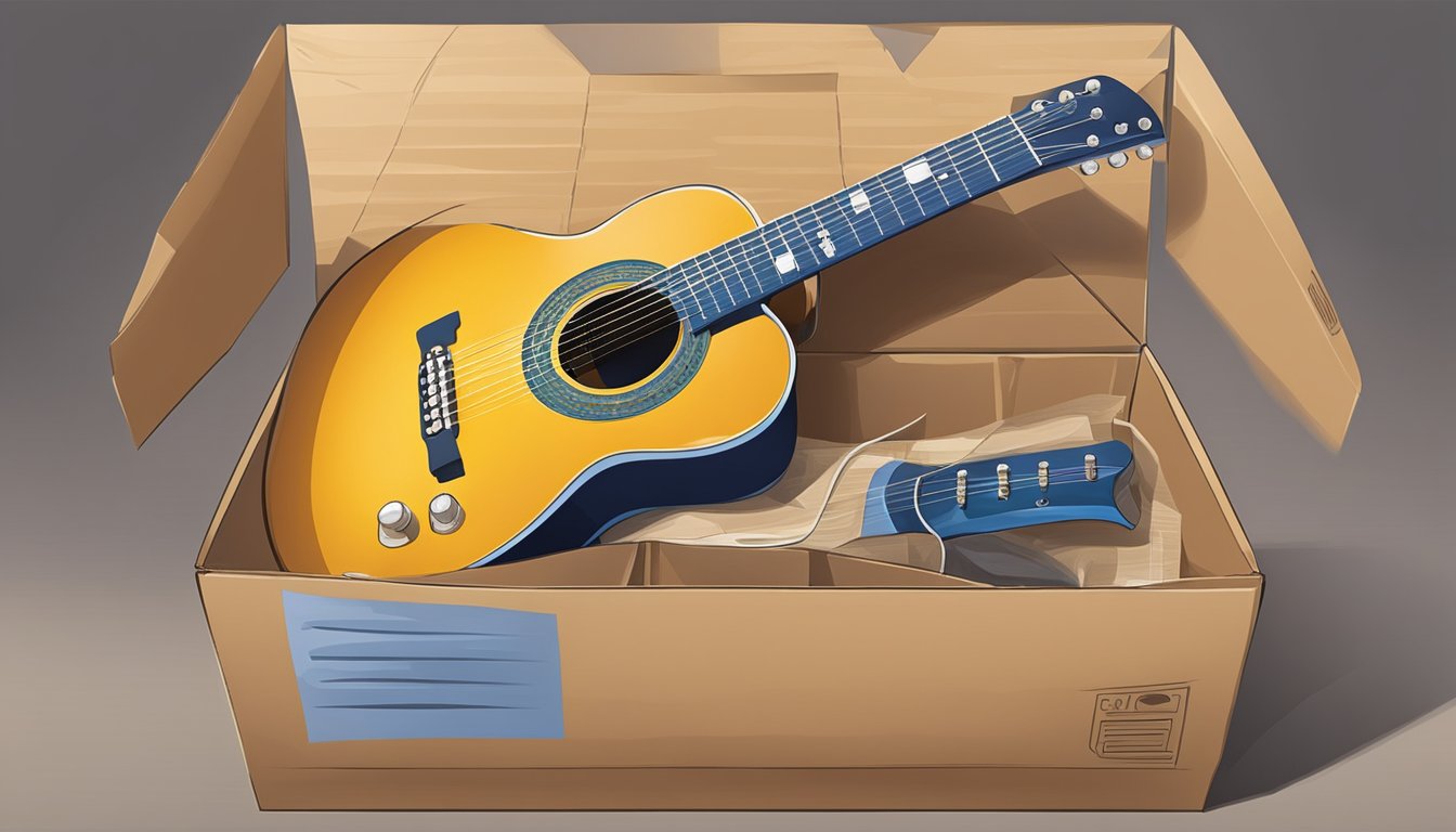 A guitar being carefully packed into a sturdy cardboard box with protective padding and sealed with packing tape