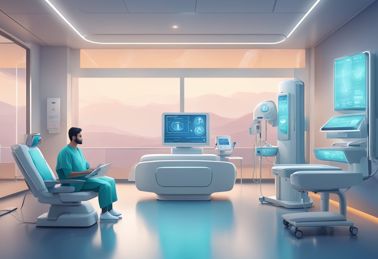 A serene, futuristic-looking clinic room with advanced medical equipment and a professional conducting a consultation with a patient