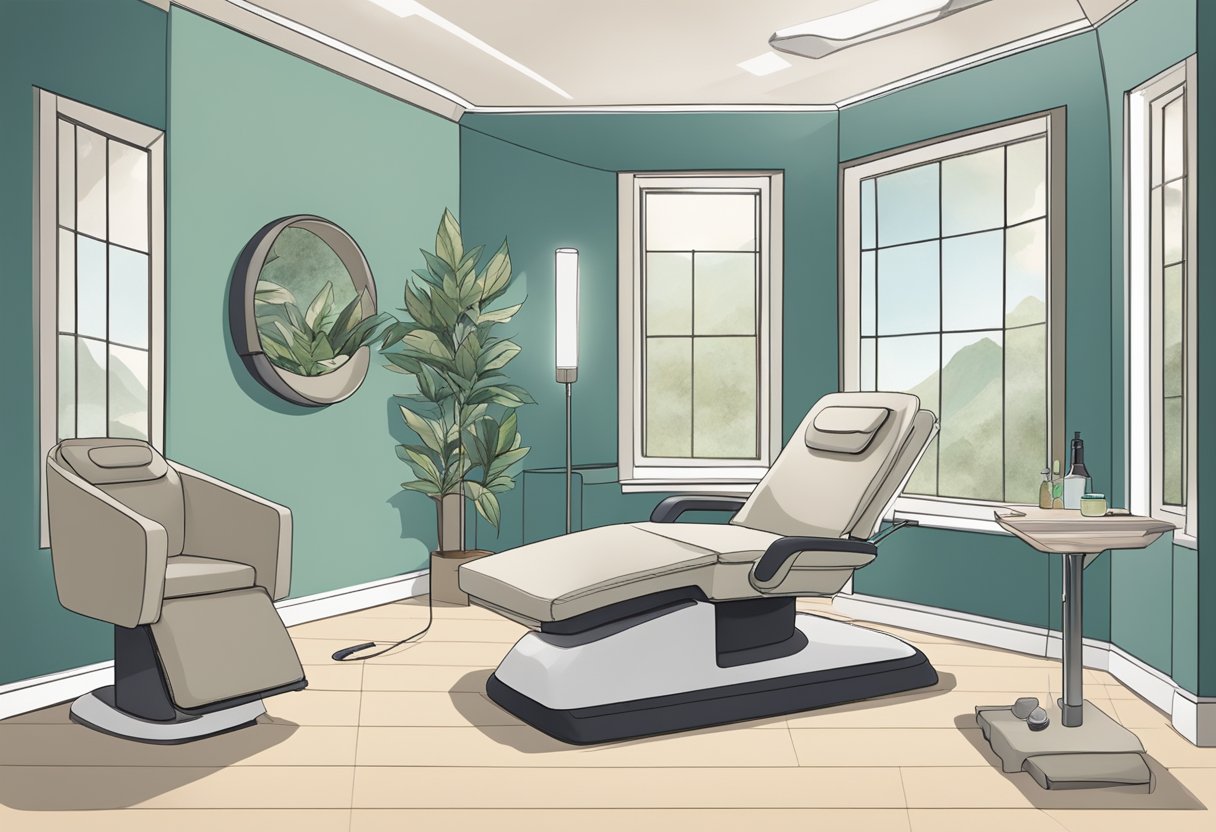 A serene spa setting with a reclining treatment chair, a soothing color palette, and a professional conducting a Morpheus8 treatment on a client