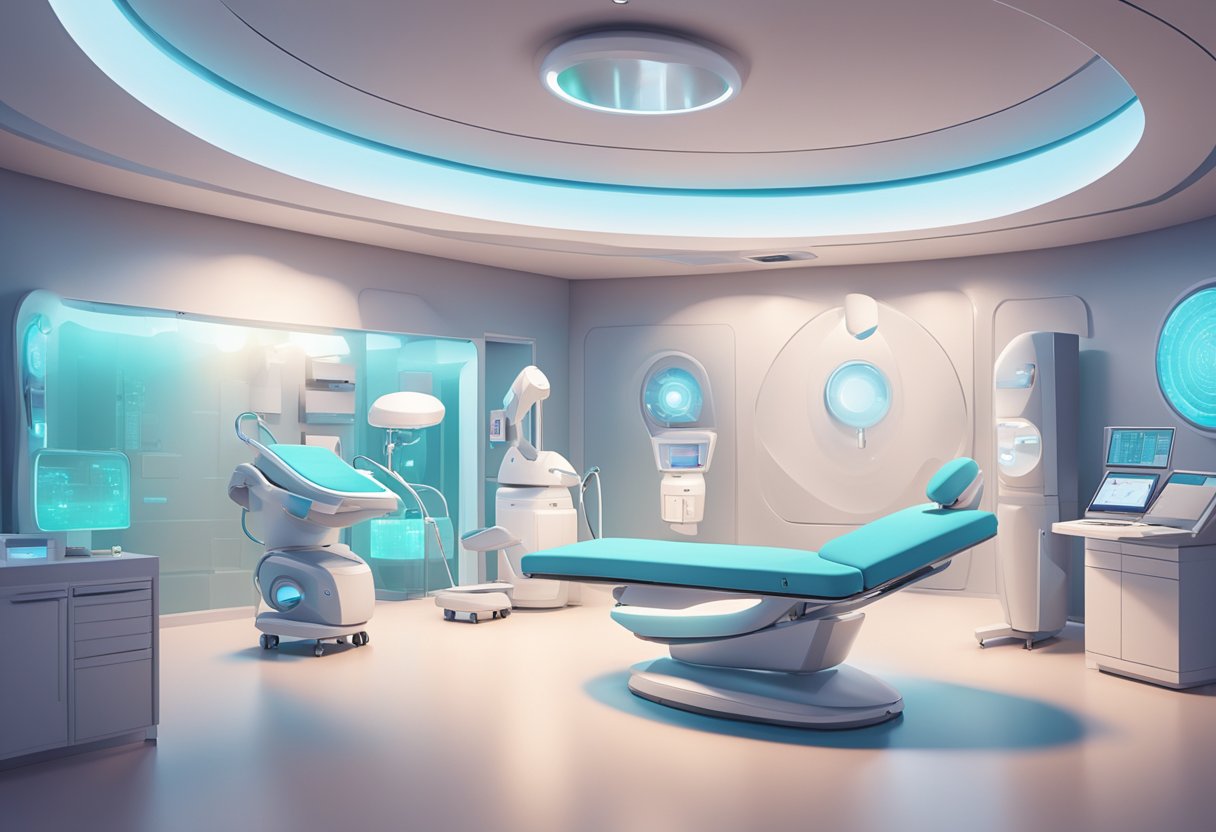 A serene, futuristic clinic setting with a sophisticated Morpheus8 device in the foreground, surrounded by professional medical equipment and a calming color scheme