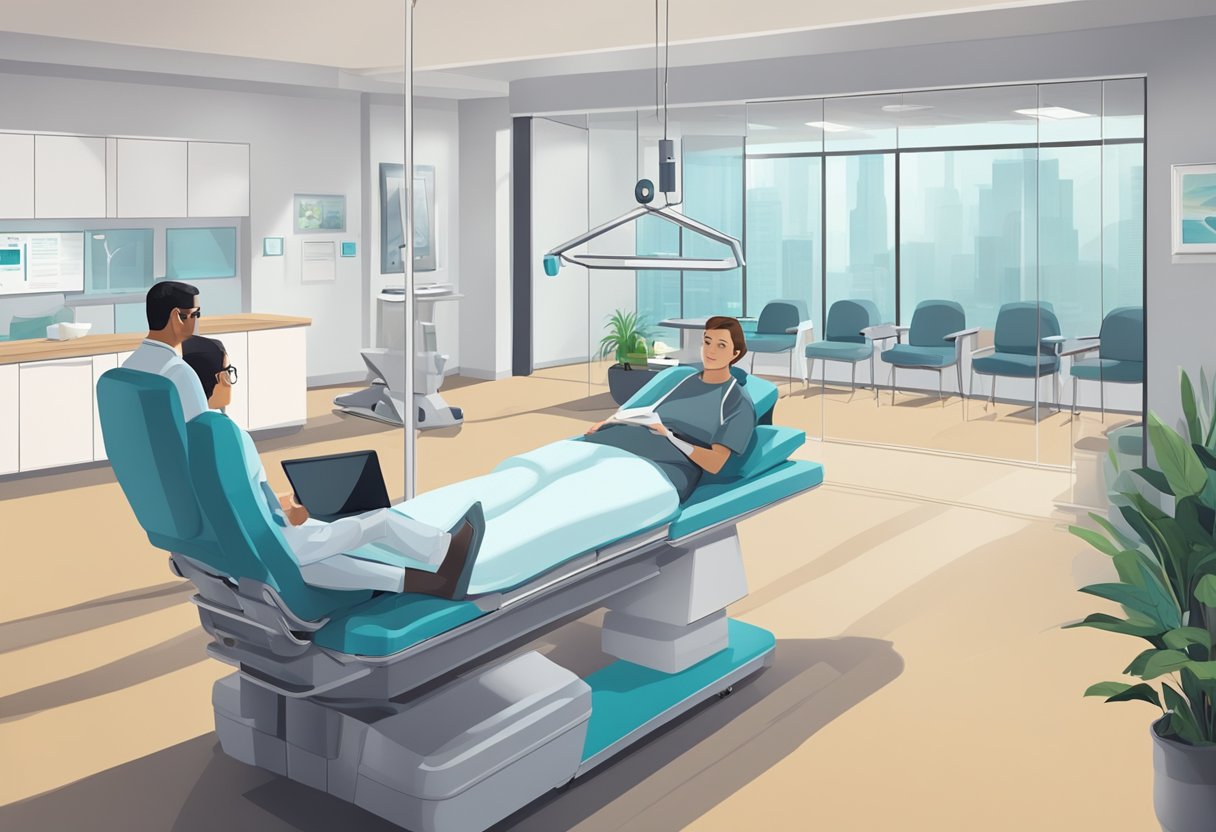 A serene and modern medical office with a professional discussing the Morpheus8 procedure with a potential patient