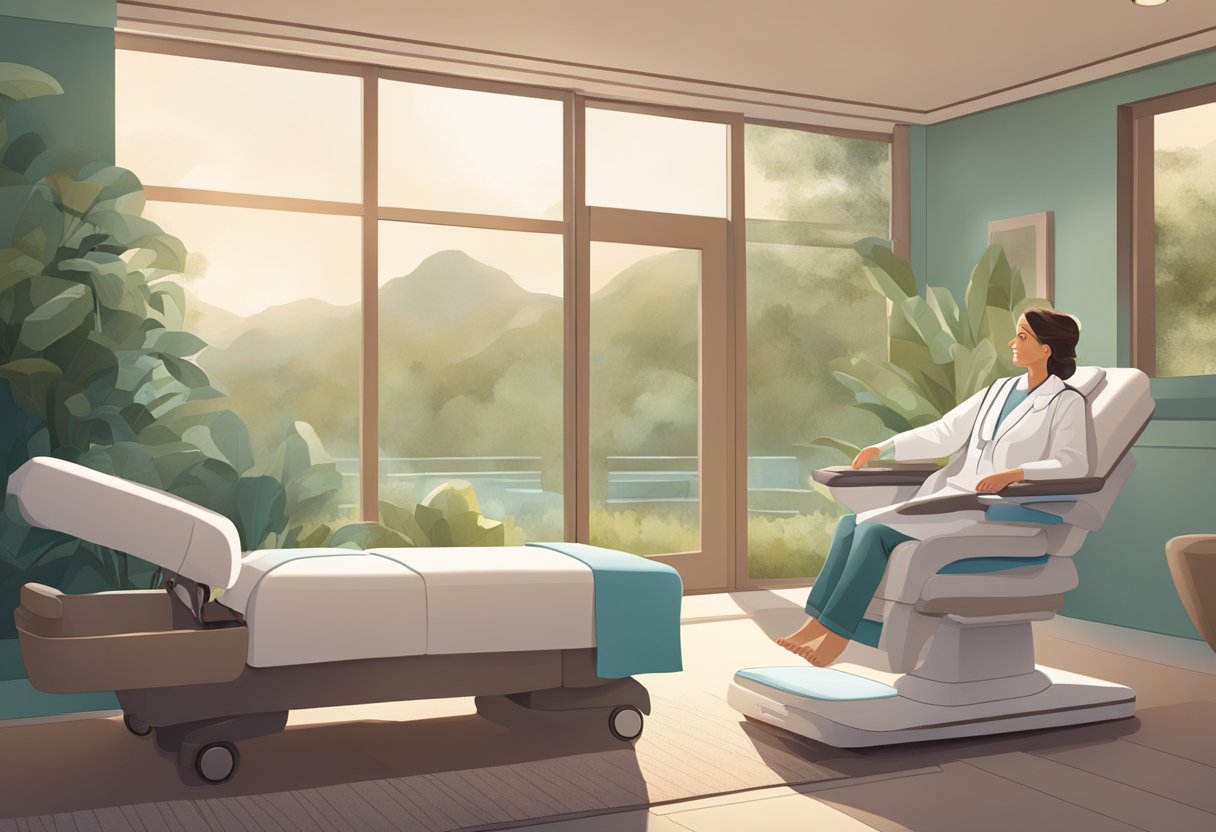 A serene, spa-like setting with a reclined treatment chair, soft lighting, and soothing decor. A medical professional discusses Morpheus8 with a patient