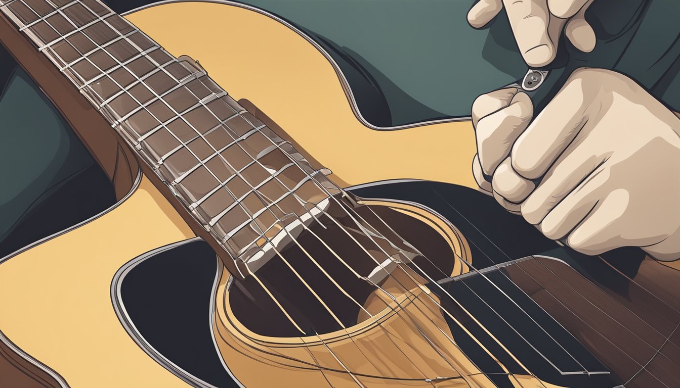 An acoustic guitar being carefully tuned with a tuner, the sound hole and strings visible