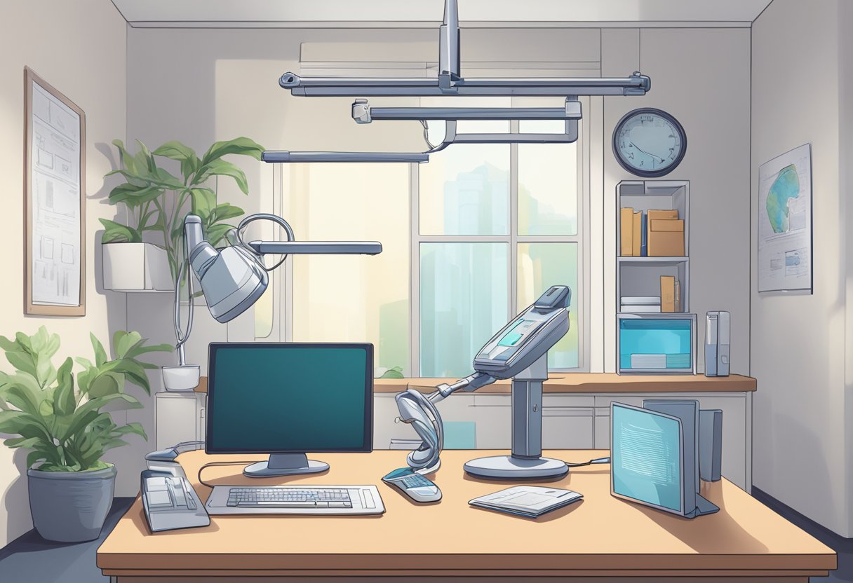 A doctor's office with a desk, computer, and medical equipment. A pamphlet on Morpheus8 sits on the desk. The room is clean and well-lit