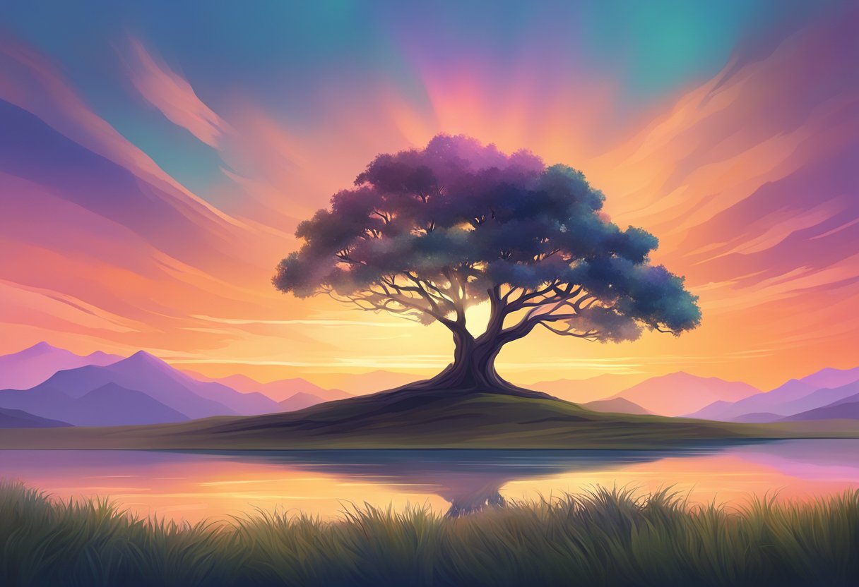 A serene and timeless landscape with a lone tree standing tall against a colorful sunset sky, symbolizing the lasting effects of Morpheus8 treatment