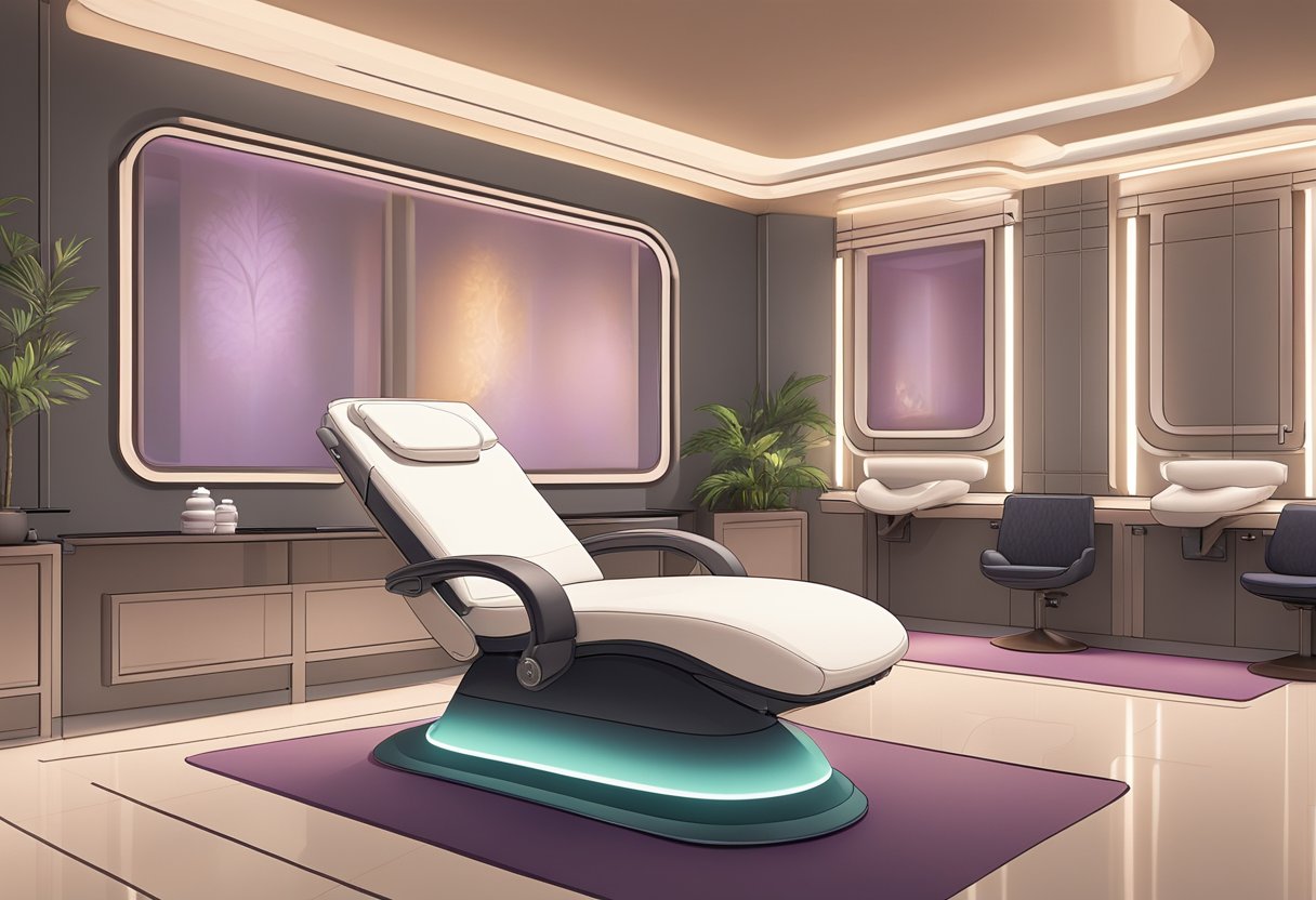 A serene spa room with a reclining treatment chair, soft ambient lighting, and a Morpheus8 machine in the background