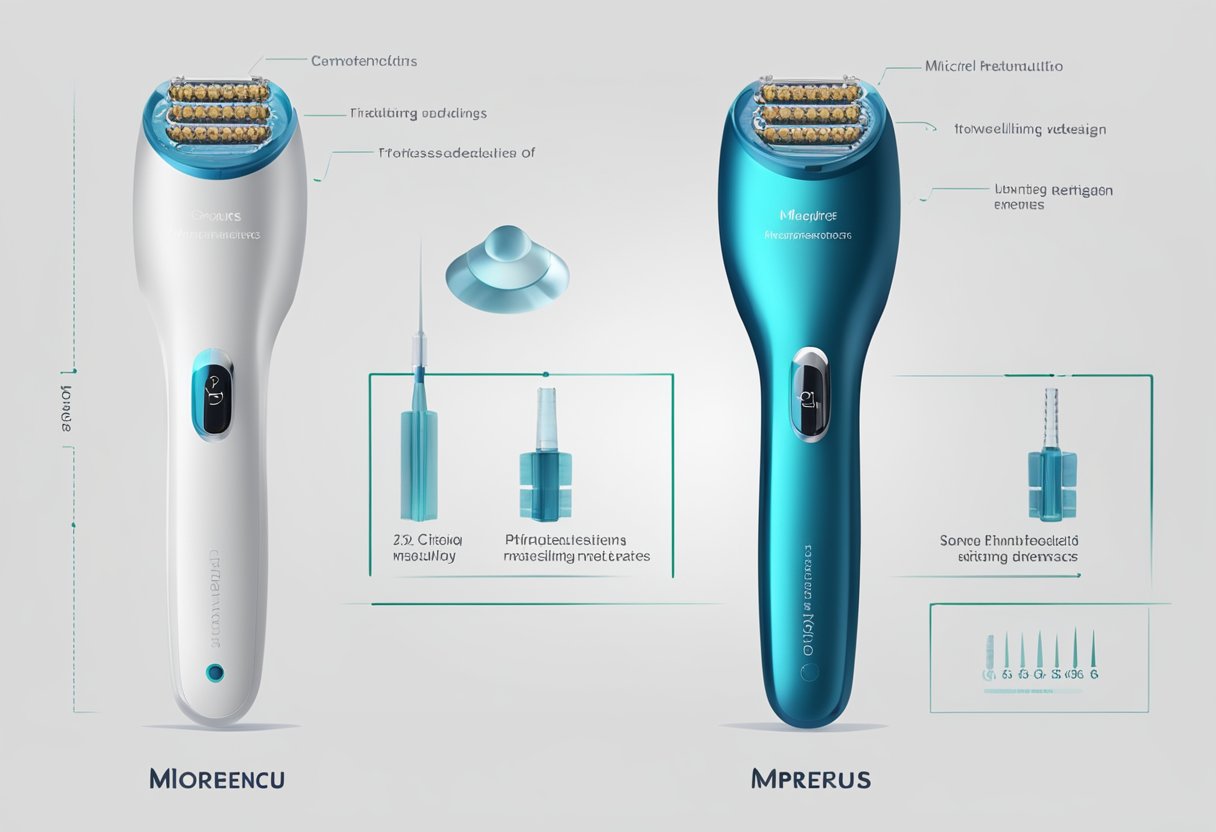 A close-up illustration of microneedling devices Morpheus8 and traditional, showing their key differences in design and functionality