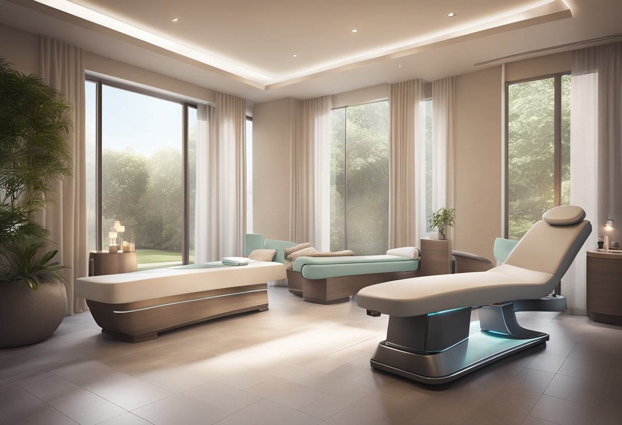 A serene and modern spa room with a comfortable treatment chair, soft lighting, and a Morpheus8 machine ready for use