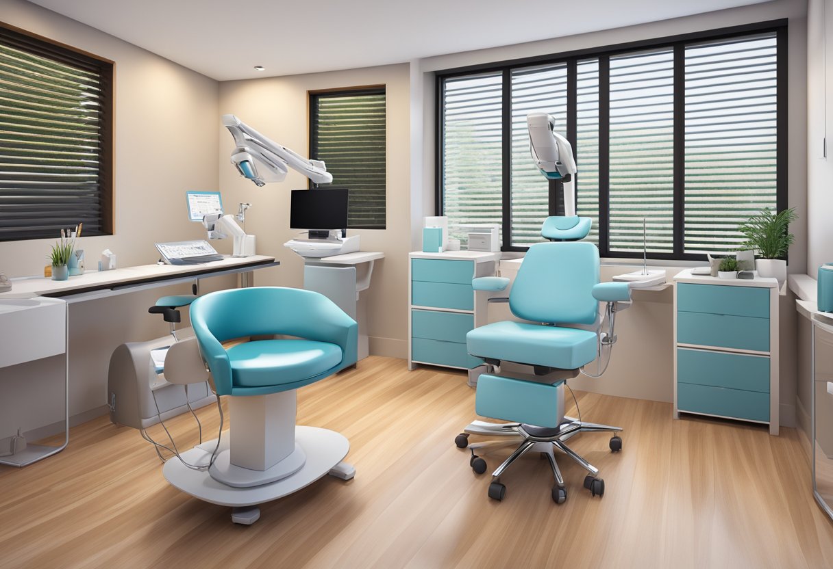 A serene and modern medical office with a doctor's desk and computer, treatment chair, and Morpheus8 device for skin rejuvenation