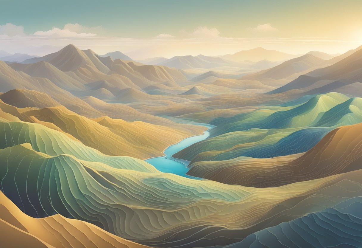 A serene, abstract landscape with various topographical features, such as hills, valleys, and plateaus, showcasing the versatility of Morpheus8 in treating different areas of the body