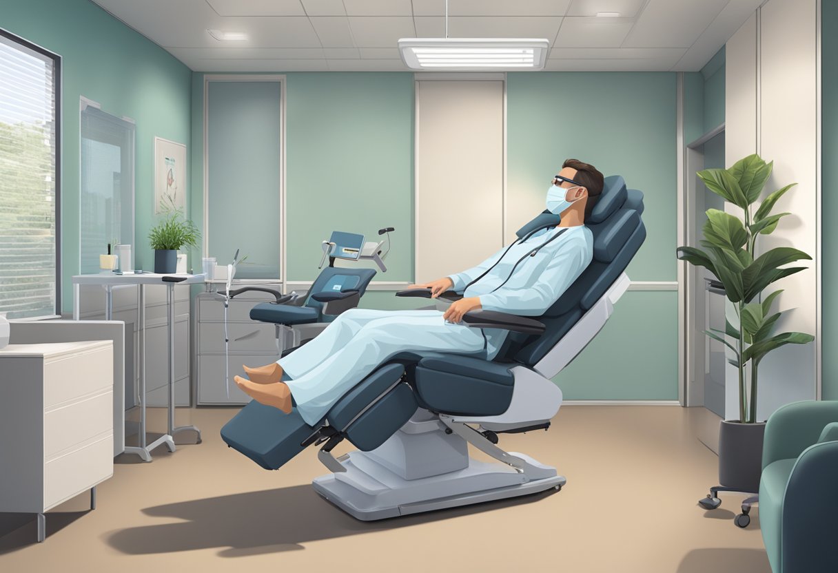 A serene medical office with a reclining treatment chair and a professional using Morpheus8 on a patient's face