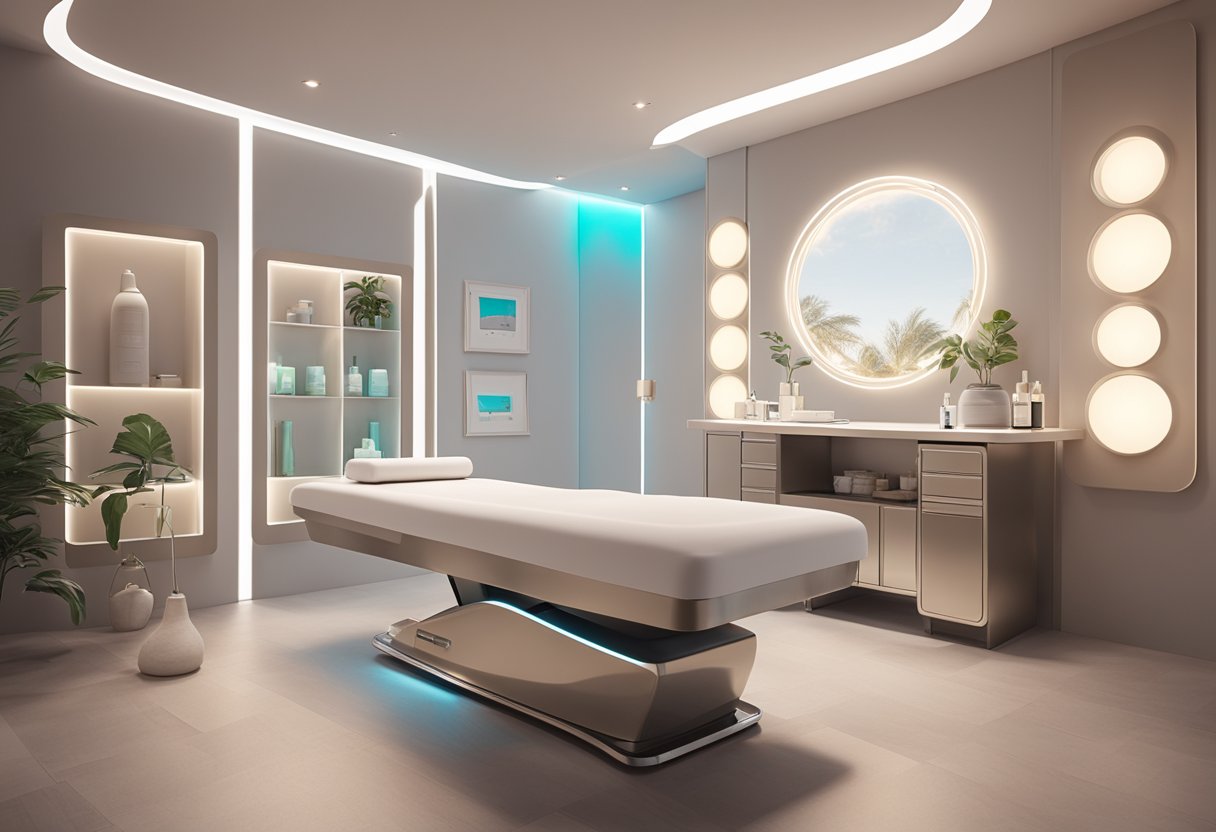 A serene spa room with a comfortable treatment bed and soft lighting, showcasing a Morpheus8 machine and various skincare products on a nearby table