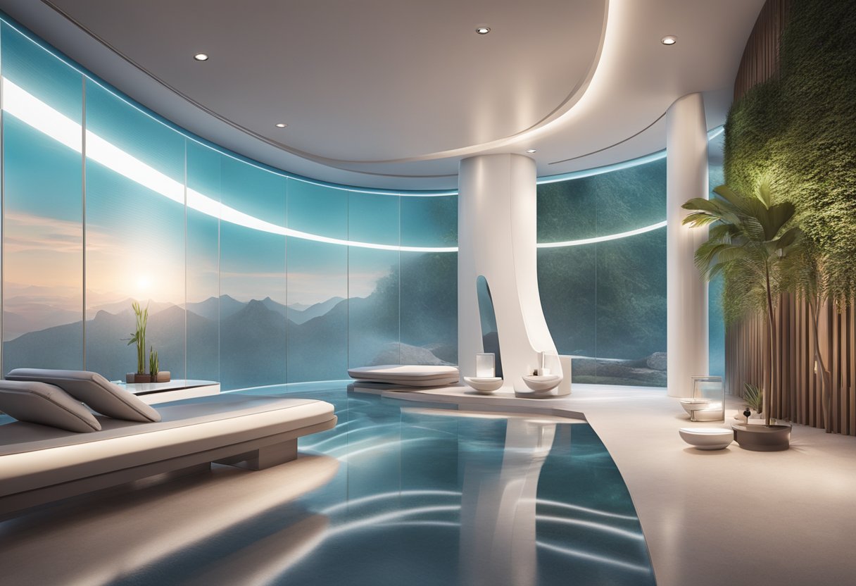 A serene, futuristic spa setting with a sleek Morpheus8 device and a relaxed atmosphere