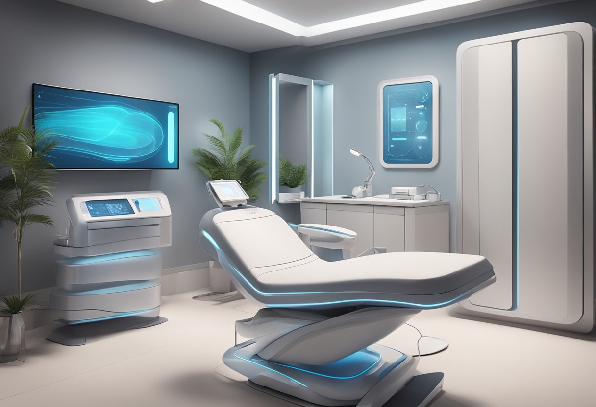 A serene, futuristic clinic with sleek, modern equipment for Morpheus8 wrinkle reduction treatment