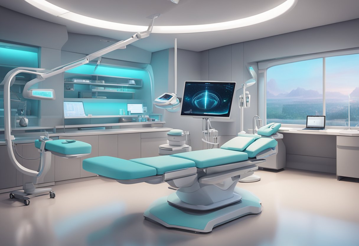 A serene, futuristic medical office with advanced equipment for Morpheus8 procedure. Soft lighting and modern decor create a calming atmosphere