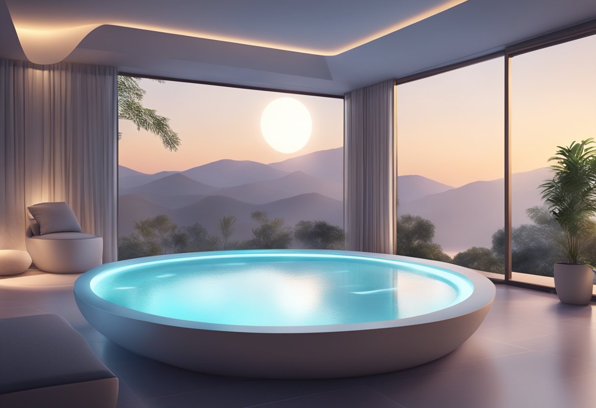 A serene spa setting with a futuristic device emitting gentle light onto a smooth, unblemished surface