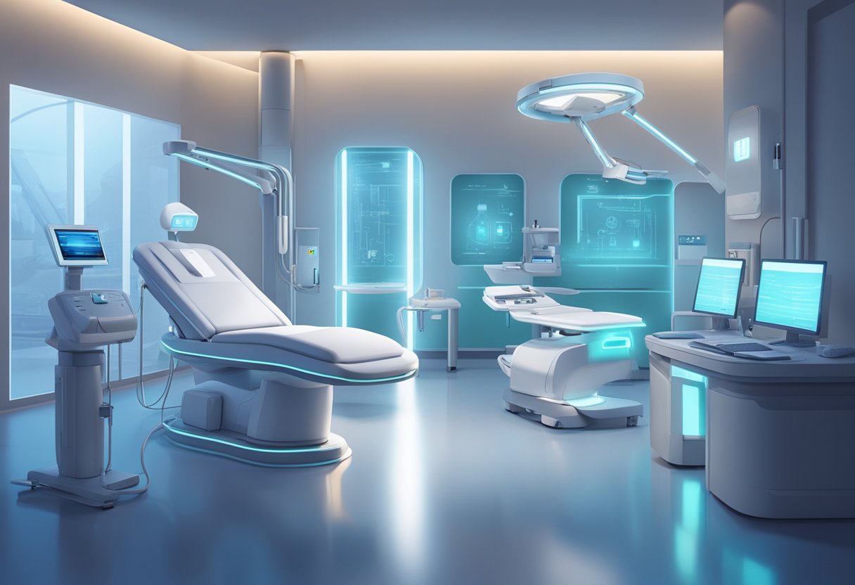 A serene, clinical setting with a futuristic-looking machine emitting a soft glow, surrounded by medical equipment and a calming atmosphere