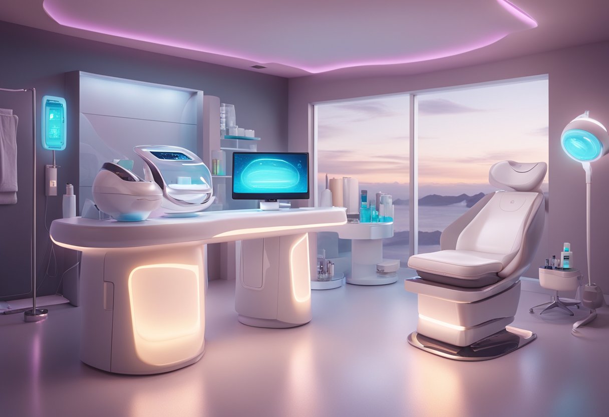 A serene, futuristic clinic setting with a Morpheus8 machine in the foreground, emitting a soft glow and surrounded by various skincare products and tools