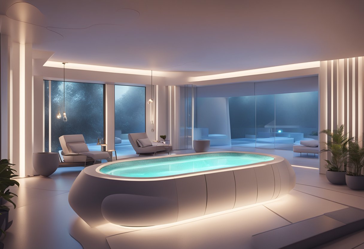 A serene, futuristic spa setting with a sleek, modern Morpheus8 device surrounded by soft, ambient lighting and a calming color palette