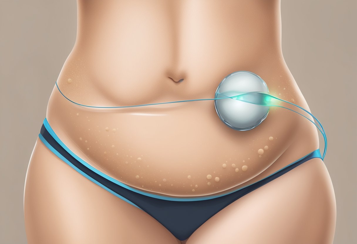 A close-up illustration of cellulite on skin, with visible dimples and uneven texture, alongside a Morpheus8 device for treatment