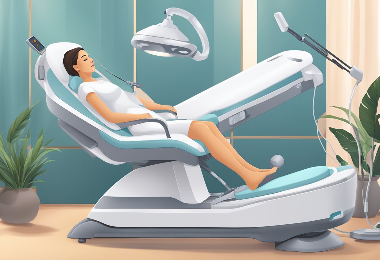 A serene spa setting with a reclined treatment chair, Morpheus8 machine, and a professional technician conducting a cellulite reduction procedure