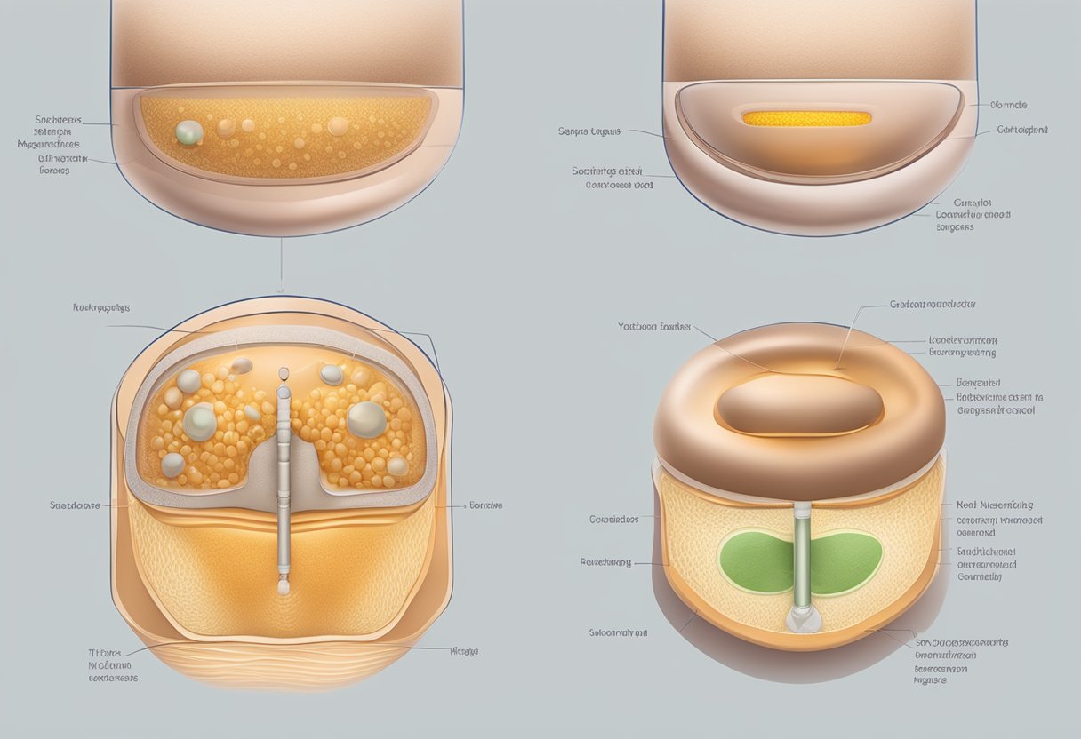 A close-up illustration of the Morpheus8 device targeting cellulite on a skin surface, showing the treatment process in a clinical setting