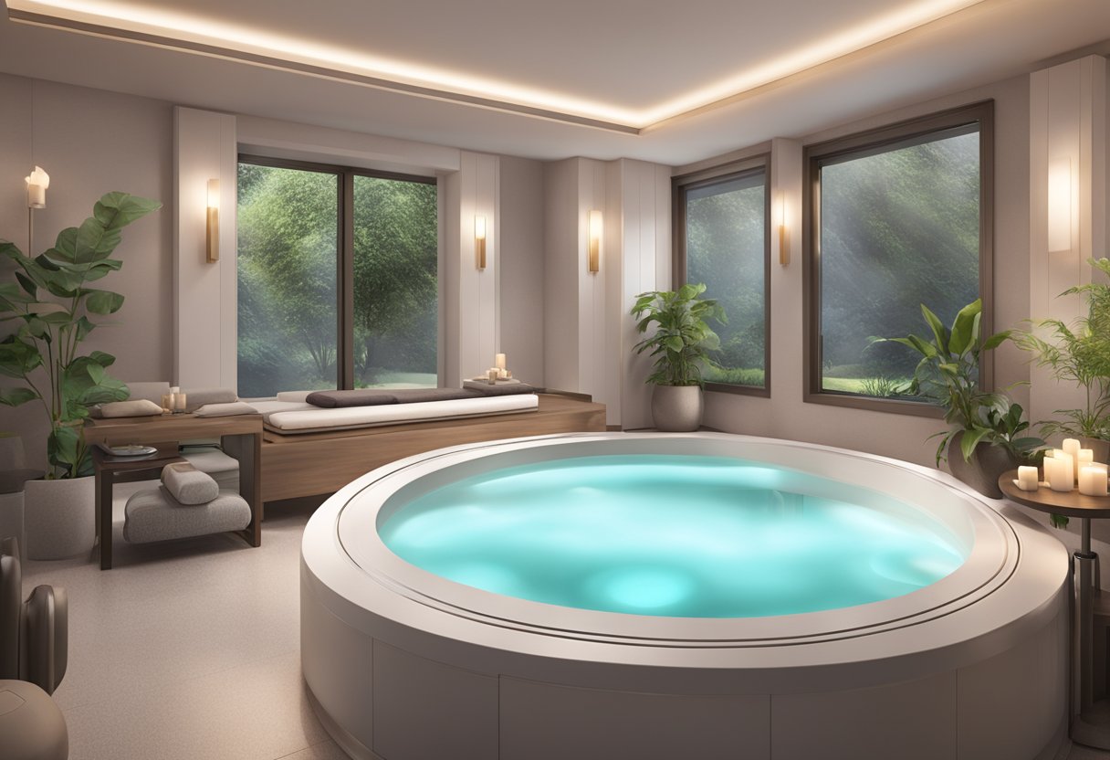 A serene spa room with a Morpheus8 machine surrounded by soothing lighting and calming decor