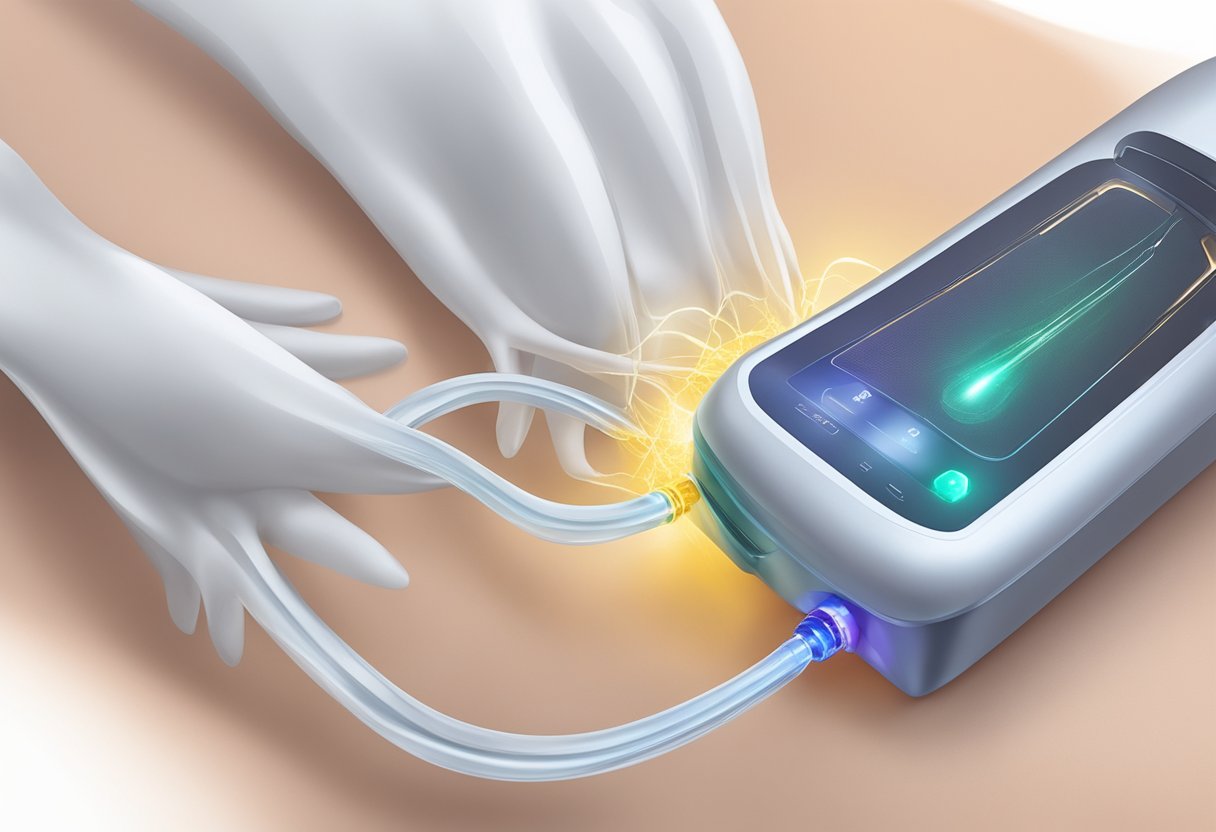 A close-up of a Morpheus8 device emitting radiofrequency energy into the skin, surrounded by collagen fibers being stimulated and rejuvenated