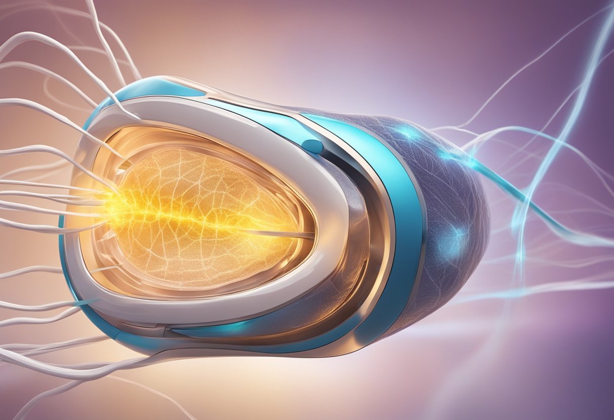 A close-up of a futuristic device emitting radiofrequency energy into a layer of skin, surrounded by collagen fibers being stimulated and rejuvenated