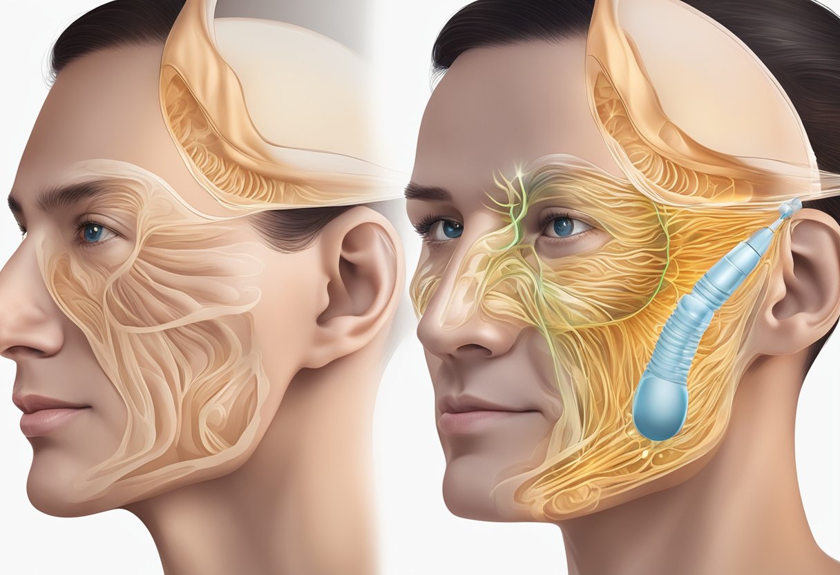 A close-up illustration of Morpheus8 treatment process showing radiofrequency energy stimulating collagen production in the skin's deeper layers