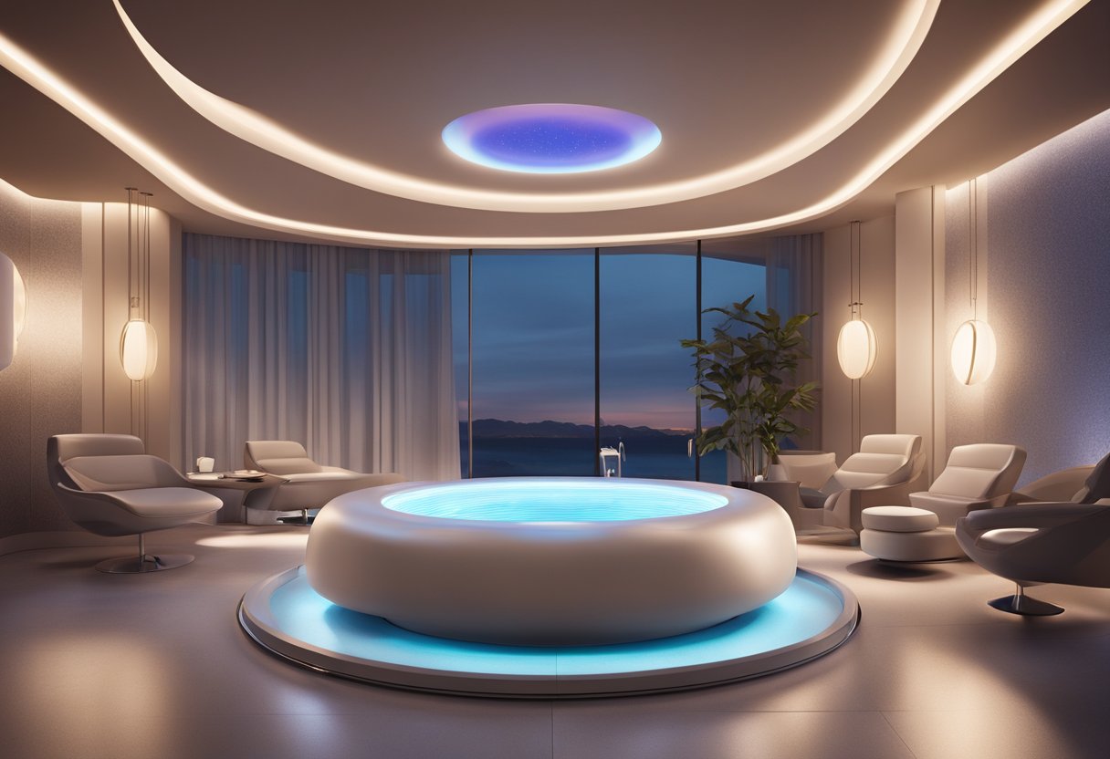 A serene, futuristic spa with soft lighting and sleek, modern furniture. A Morpheus8 machine sits in the center, emitting a gentle glow