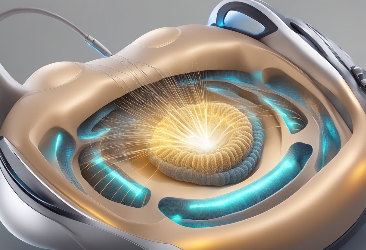 A close-up of a Morpheus8 device emitting radiofrequency energy into the skin, surrounded by collagen fibers being stimulated and rejuvenated