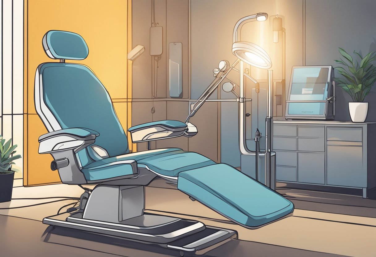 A serene, dimly lit treatment room with a reclined chair and a machine emitting radiofrequency energy. The client's face is relaxed as they receive the Morpheus8 treatment