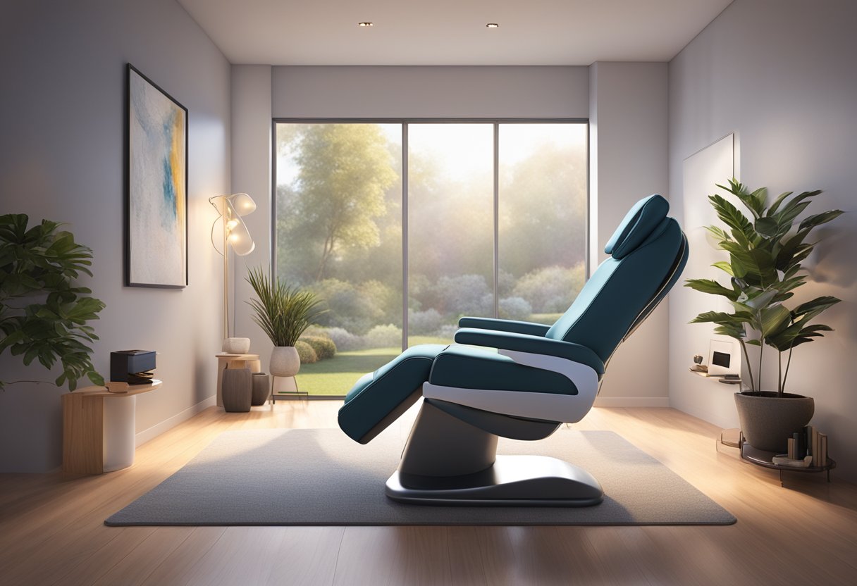 A serene treatment room with a comfortable reclining chair, soft ambient lighting, and a state-of-the-art Morpheus8 machine ready for a session