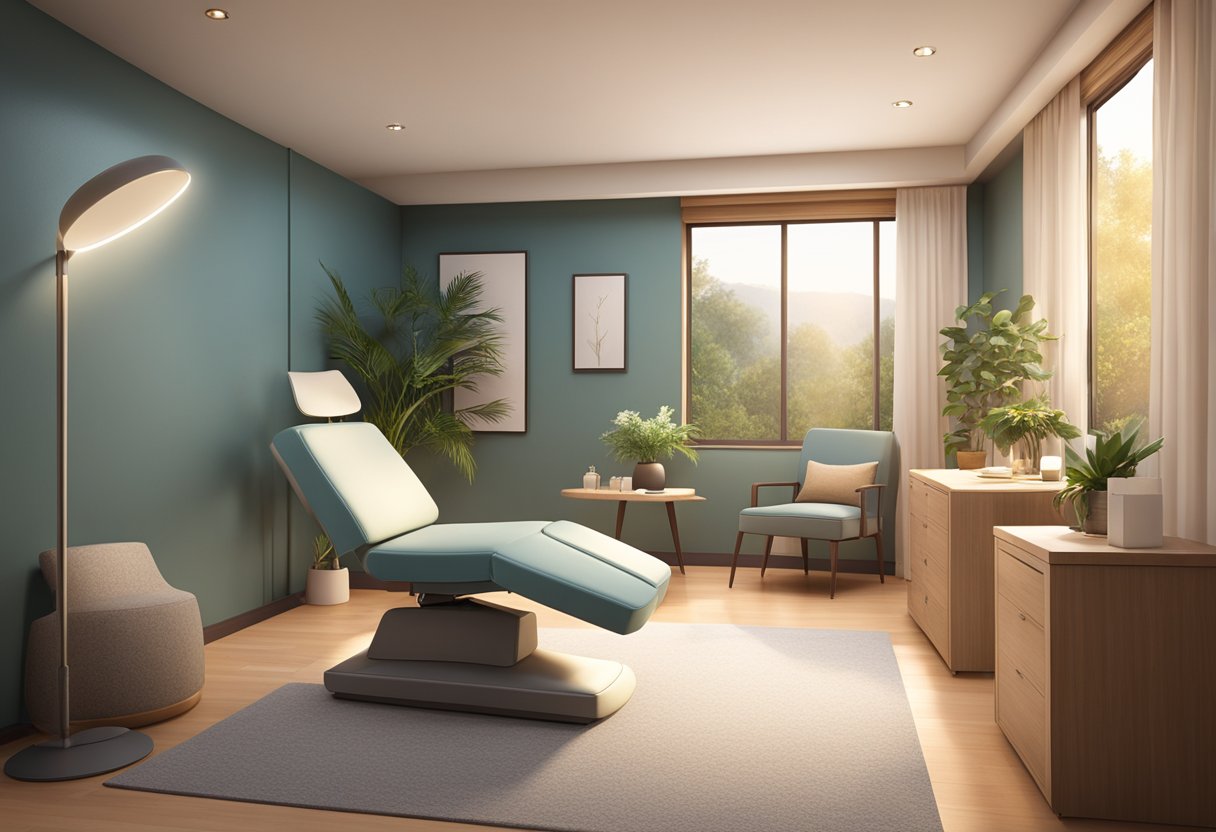 A serene treatment room with a comfortable chair, soft lighting, and a professional consultation setup