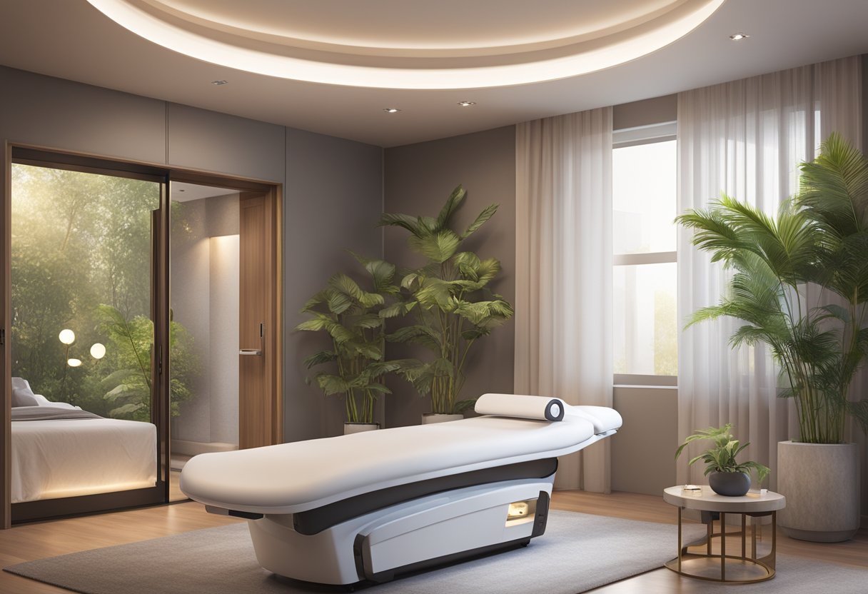 A serene spa room with a comfortable treatment bed, soft lighting, and a Morpheus8 device ready for use