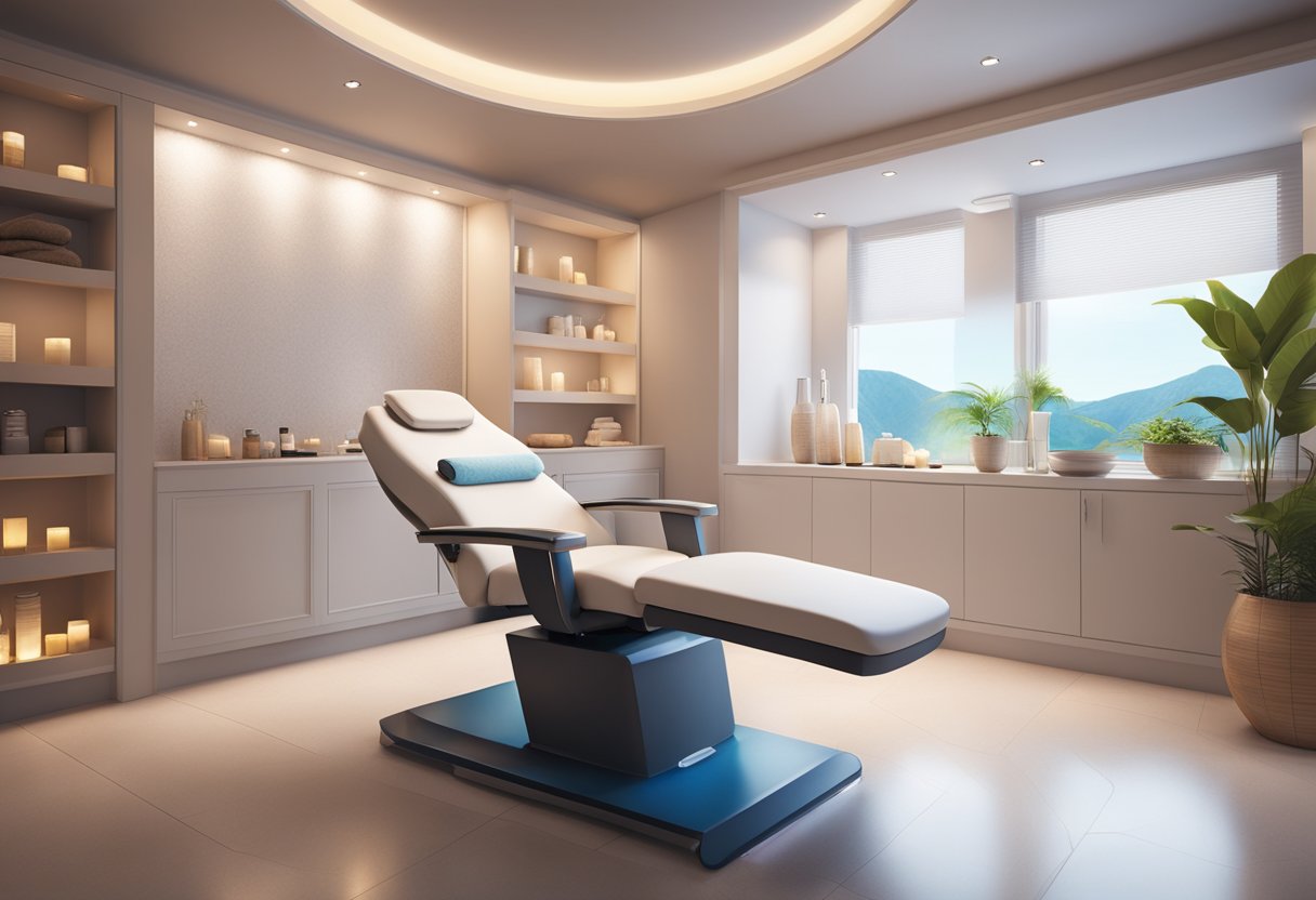 A serene spa room with a reclining treatment chair, soft ambient lighting, and a professional skincare device ready for use