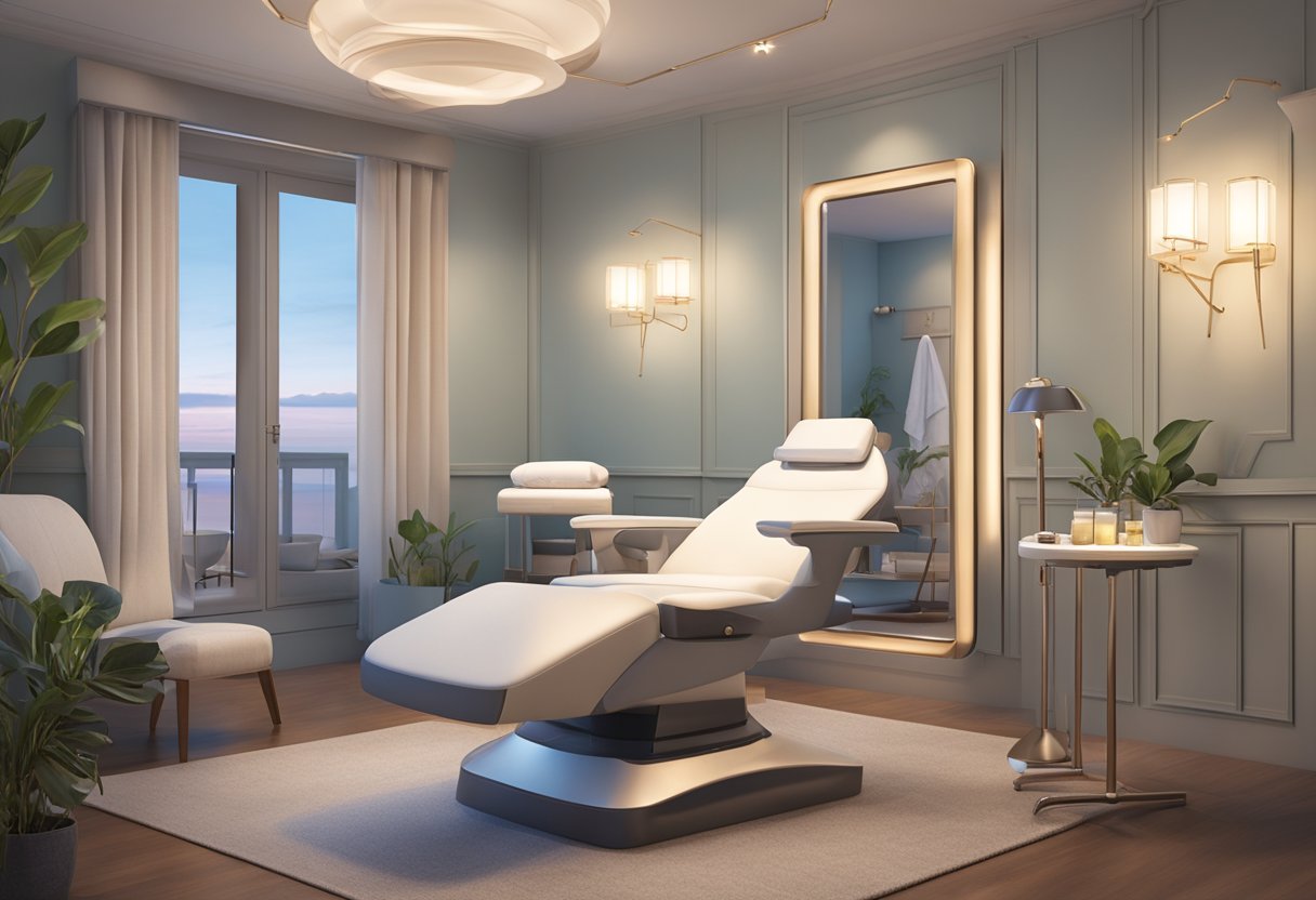 A serene spa room with a comfortable treatment chair, soft lighting, and a Morpheus8 machine set up for a session